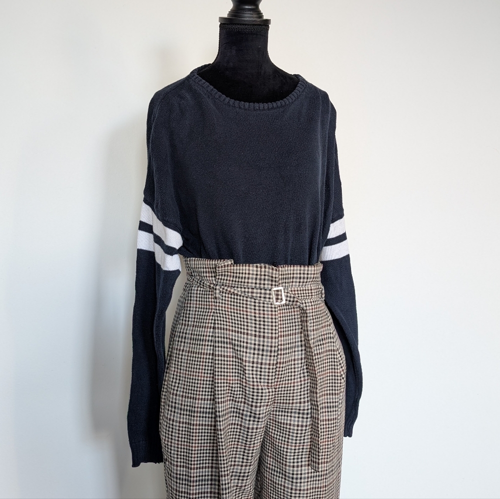 Navy Blue Brandy Mellville Long Sleeve Cotton Sweater With White Striped Sleeves